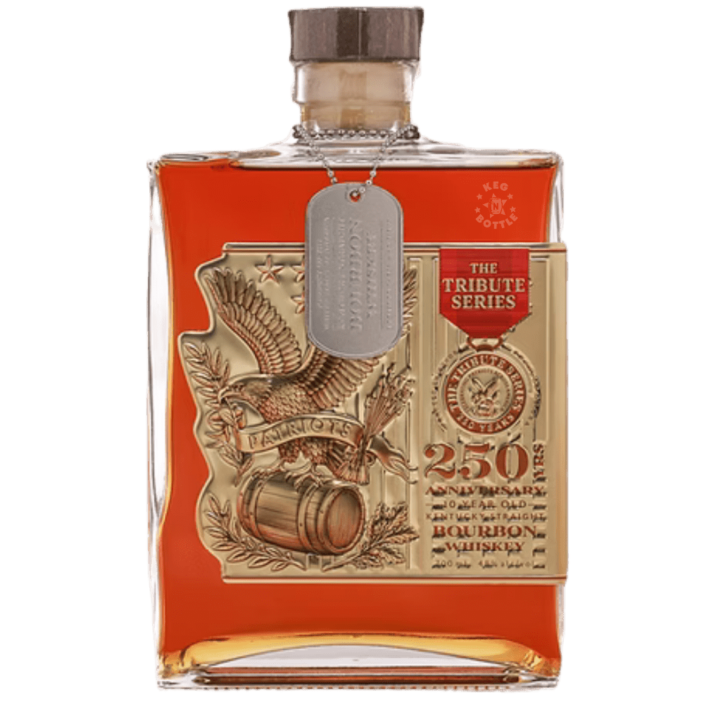 The Tribute Series 250th Anniversary 10-Year Kentucky Straight Bourbon Whiskey 750mL with gold American eagle artwork and dog tag-inspired pendant.