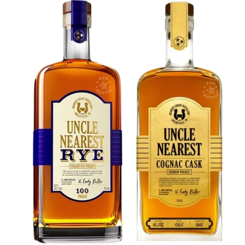 Bundle of Uncle Nearest Rye Whiskey and Uncle Nearest Cognac Cask Whiskey bottles (2 x 750 ml)