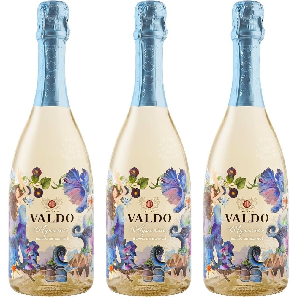 Valdo Aquarius Blanc de Blancs Extra Dry Italian sparkling wine 750mL bottle with decorative floral design. 3 Pack