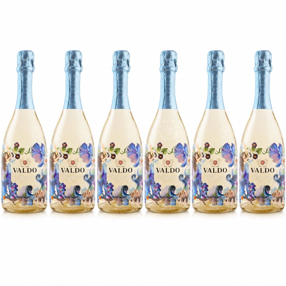 Valdo Aquarius Blanc de Blancs Extra Dry Italian sparkling wine 750mL bottle with decorative floral design. 6 Pack