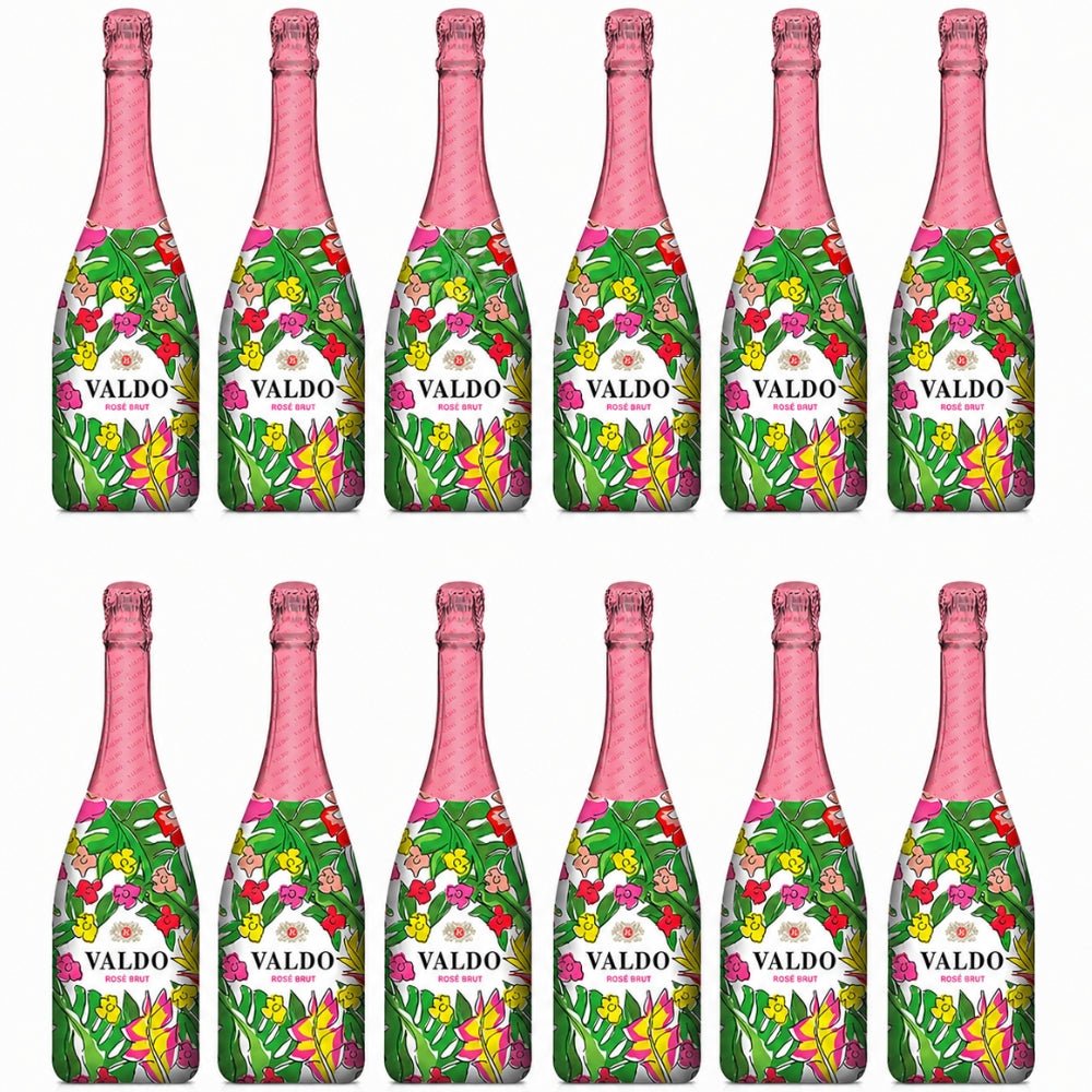 Valdo Floral Rosé Brut Italian sparkling wine 750mL bottle featuring a colorful floral design. 12 Pack