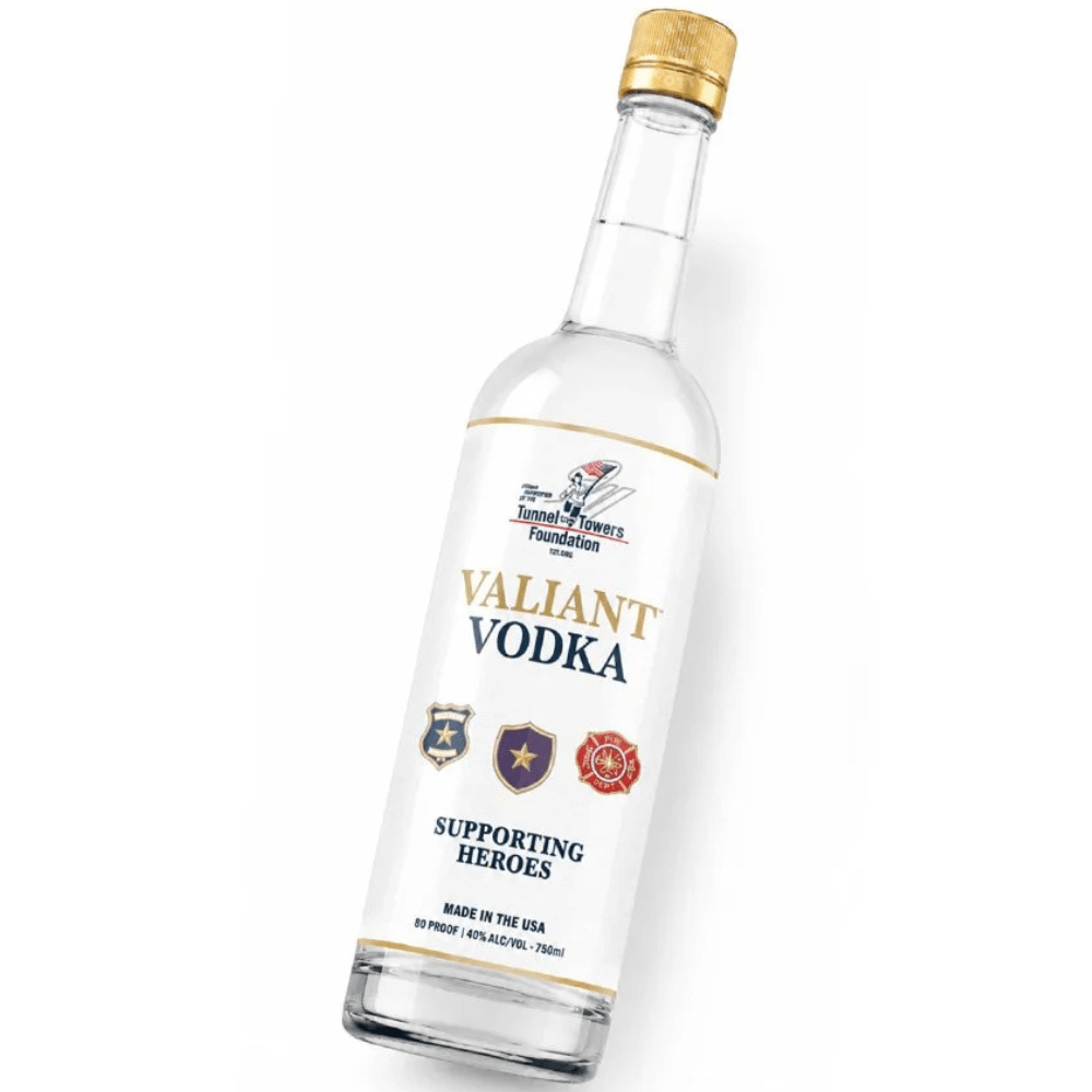 Valiant Vodka 750mL American-made 80 proof vodka bottle supporting heroes and featuring the Tunnel to Towers Foundation logo.