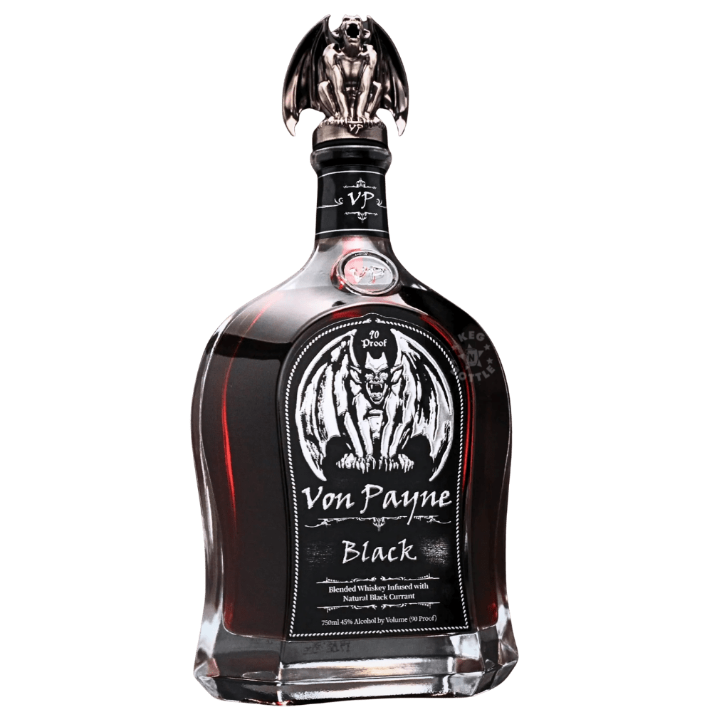 Von Payne Black Natural Black Currant Whiskey 750mL 90-proof bottle featuring the signature gothic label and gargoyle pour-spout topper.