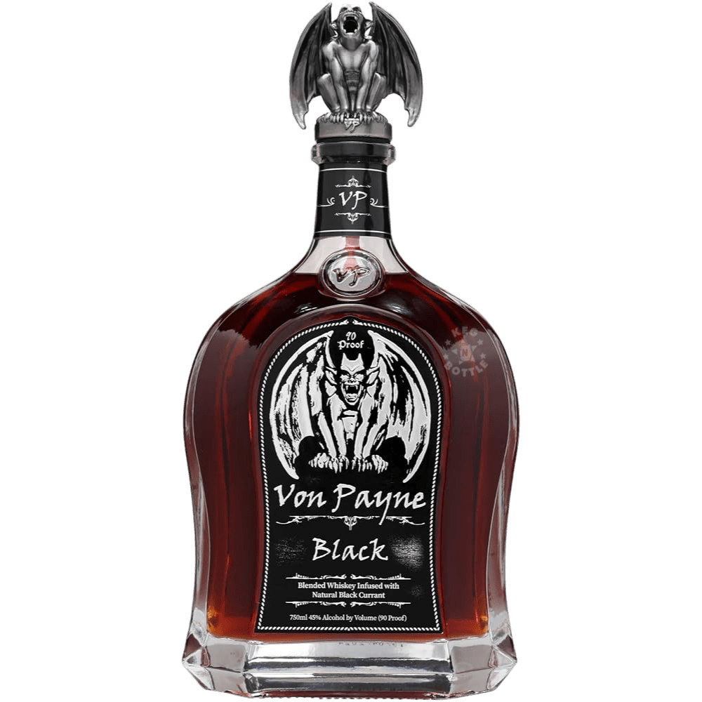 Von Payne Black Natural Black Currant Whiskey 750mL 90-proof bottle featuring the signature gothic label and gargoyle pour-spout topper. 2