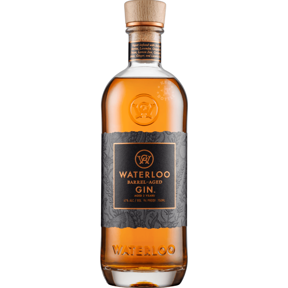 Waterloo Barrel-Aged Gin 750mL aged for two years in first-use medium char American oak barrels, crafted in Texas with signature botanicals and limestone-filtered spring water.