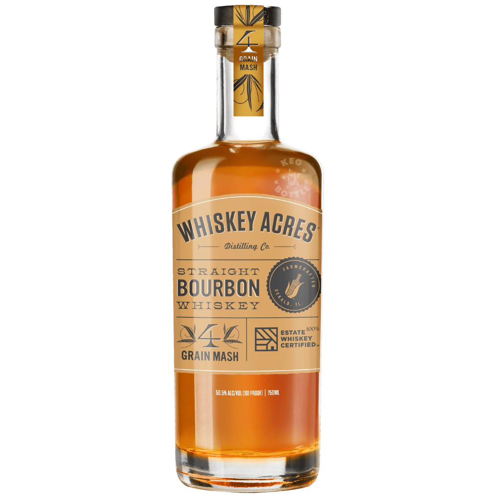 Whiskey Acres 101 Proof Four Grain Straight Bourbon Whiskey 750mL bottle featuring amber bourbon, a tan and gold label, four-grain mash branding, and 50.5% ABV.