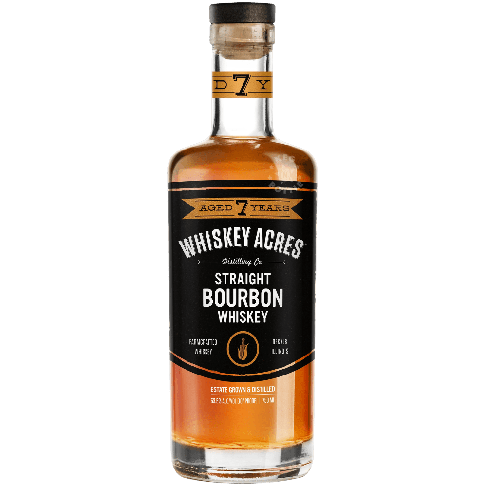 Whiskey Acres 7 Year Straight Bourbon Whiskey 750mL bottle featuring rich amber bourbon, a black and gold label, and Aged 7 Years branding.