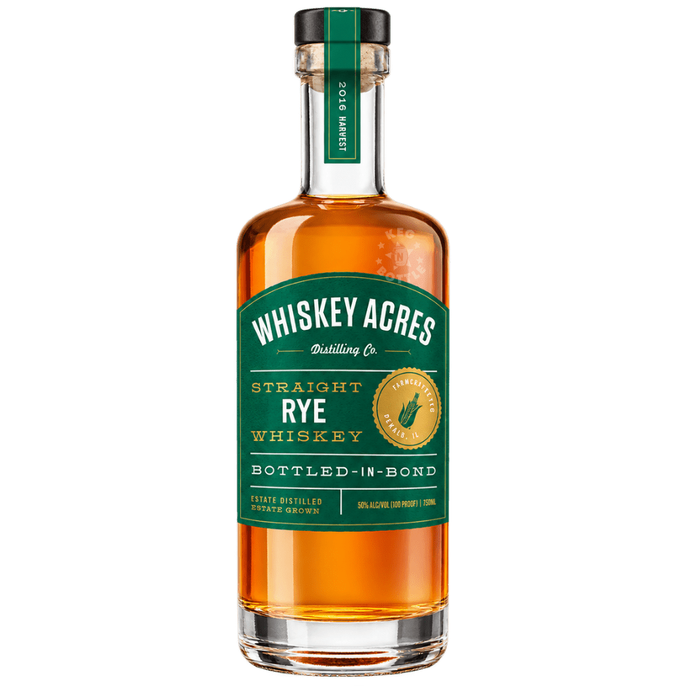 Whiskey Acres Bottled-in-Bond Straight Rye Whiskey 750mL bottle featuring amber whiskey, a green and gold label, 2016 harvest neck strip, and 100-proof branding.