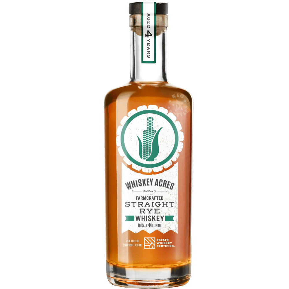 Whiskey Acres Straight Rye Whiskey 750mL bottle featuring amber whiskey, a white and green farm-crafted label, grain emblem, and aged 3 years branding.