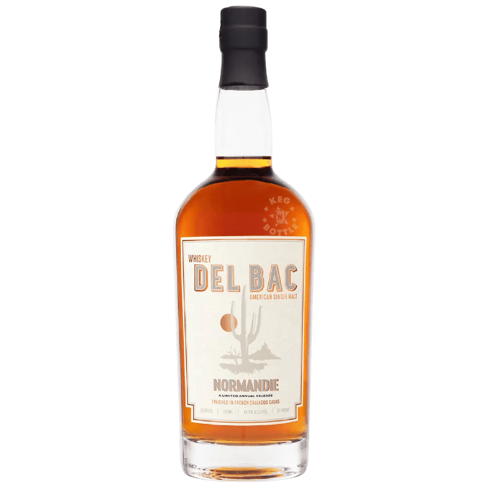 Whiskey Del Bac Normandie American Single Malt Whiskey 750mL bottle featuring amber whiskey, a cream-colored Normandie label, and black cap.