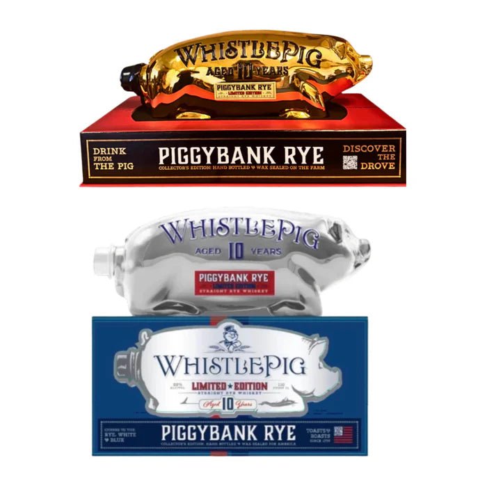 WhistlePig 10 Year Piggybank Rye, White, and Blue Limited Edition 1L & WhistlePig 10 Year Piggybank Straight Rye Whiskey 2025 Combo Pack | Keg N Bottle