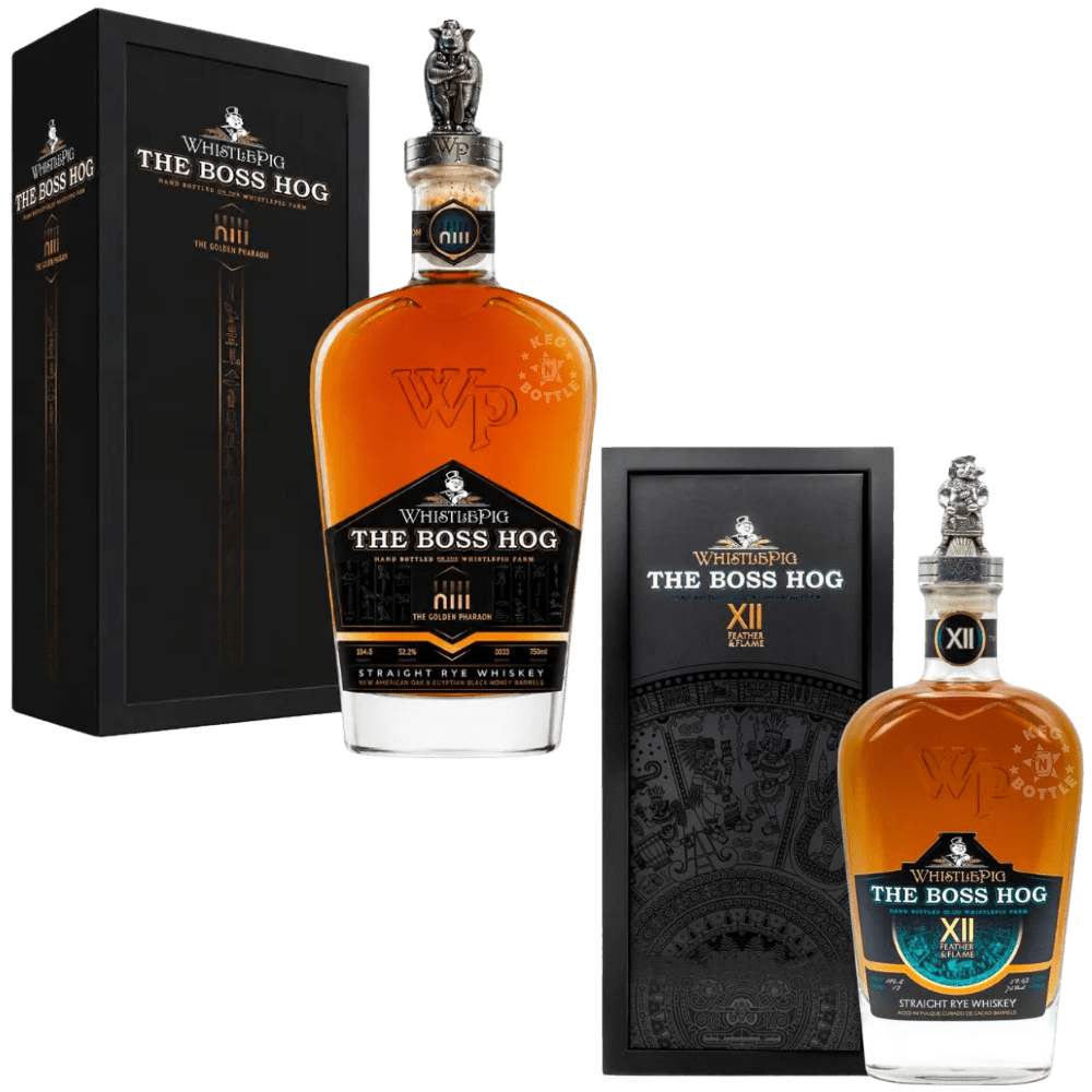 WhistlePig Boss Hog XII Feather & Flame and Boss Hog XIII The Golden Pharaoh Straight Rye Whiskey collector bundle with premium presentation gift boxes.