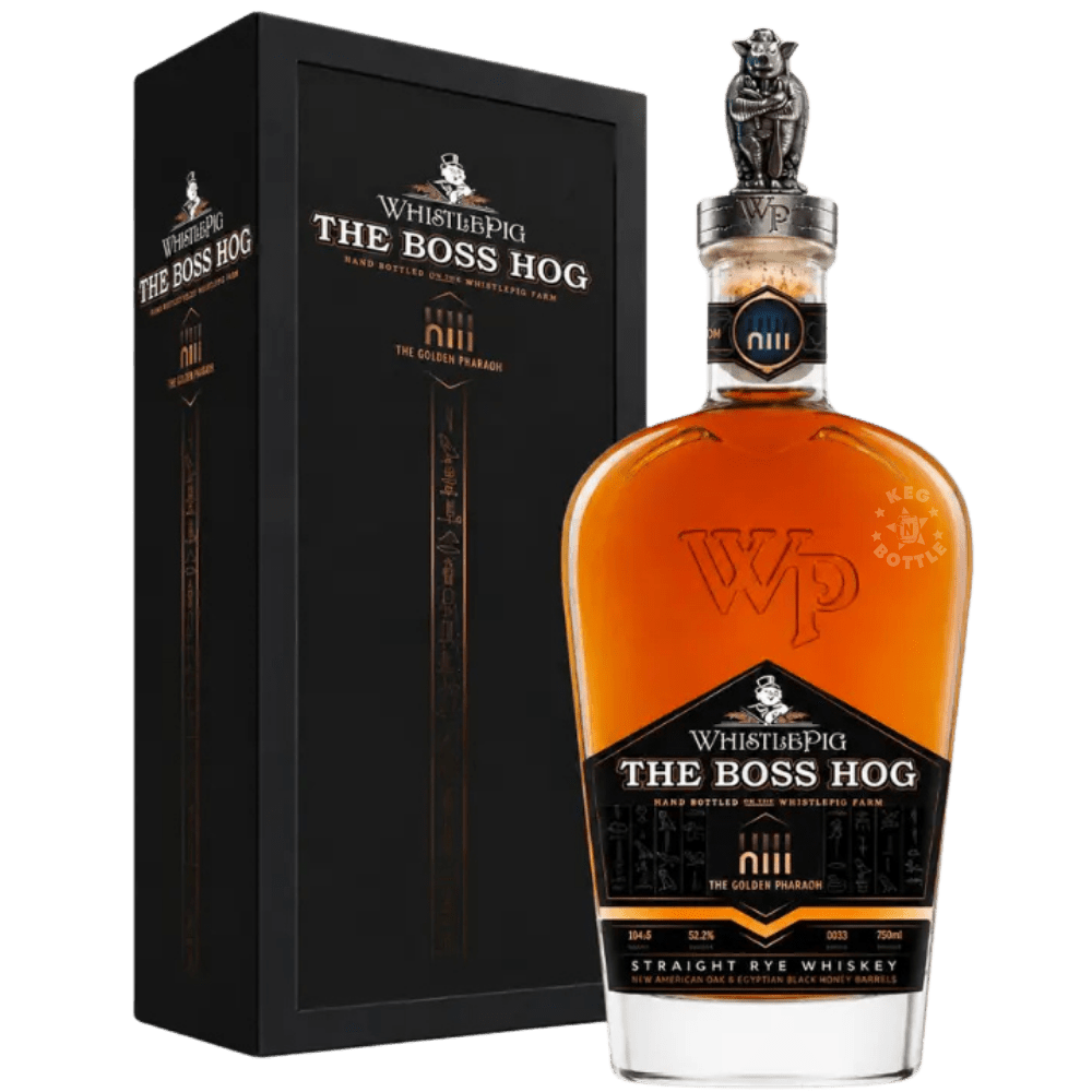 WhistlePig The Boss Hog XIII The Golden Pharaoh Straight Rye Whiskey 750mL bottle with premium collector gift box and pewter Pharaoh topper.