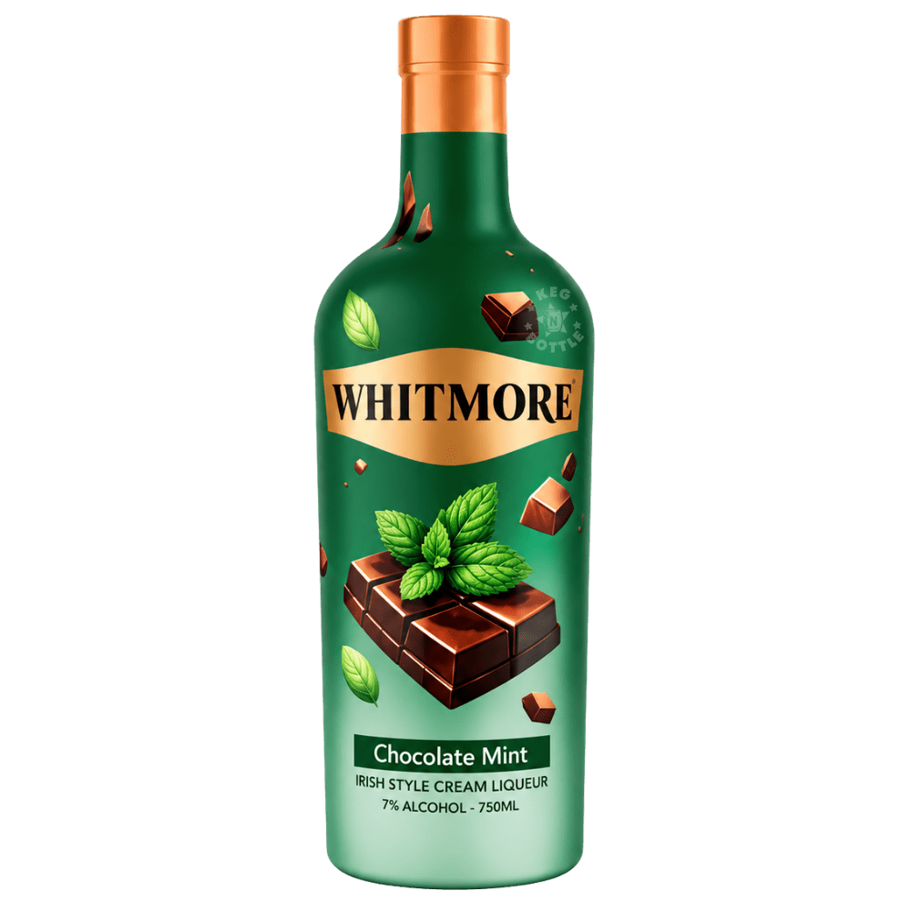 Whitmore Chocolate Mint Irish Style Cream Liqueur 750mL bottle featuring a green bottle design with chocolate and mint imagery.
