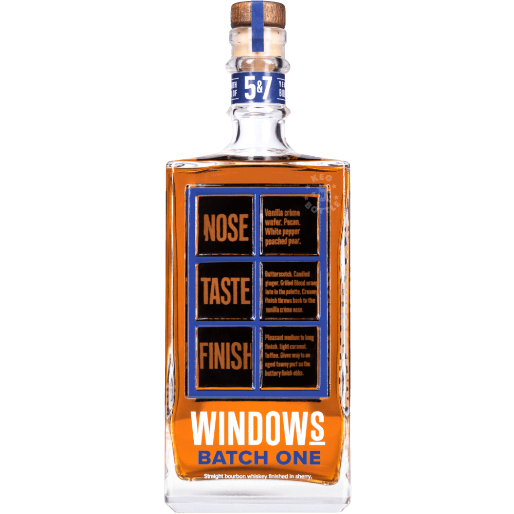 Windows Distillery Batch One Bourbon Whiskey 750mL bottle featuring amber whiskey, a blue and orange tasting notes label, and a natural cork stopper.
