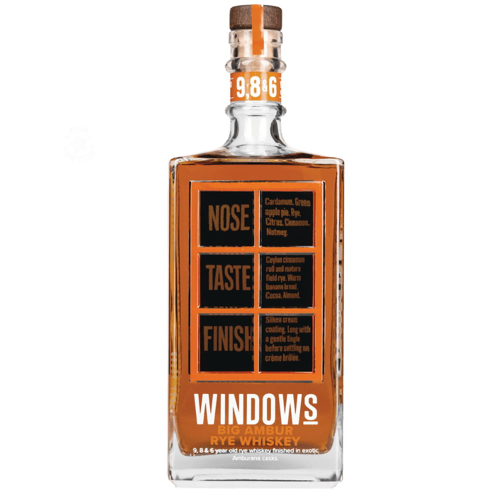 Windows Distillery Big Ambur Rye Whiskey 750mL rectangular glass bottle with amber whiskey, an orange and black tasting notes label, and a cork stopper.