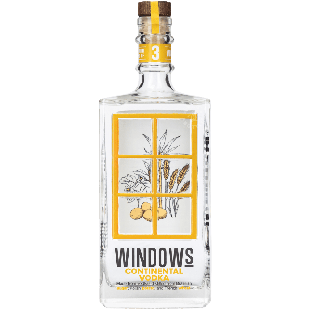 Windows Distillery Continental Vodka 750mL clear glass bottle featuring a yellow and white botanical label, black Windows branding, and a natural cork stopper.
