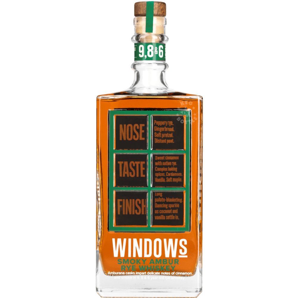 Windows Distillery Smoky Ambur Rye Whiskey 750mL bottle featuring amber whiskey, a green and orange tasting notes label, and a natural cork stopper.
