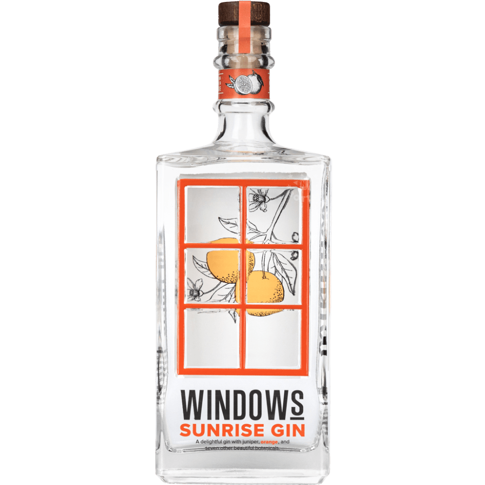 Windows Distillery Sunrise Gin 750mL clear glass bottle featuring an orange and white citrus botanical label, black Windows branding, and a natural cork stopper.
