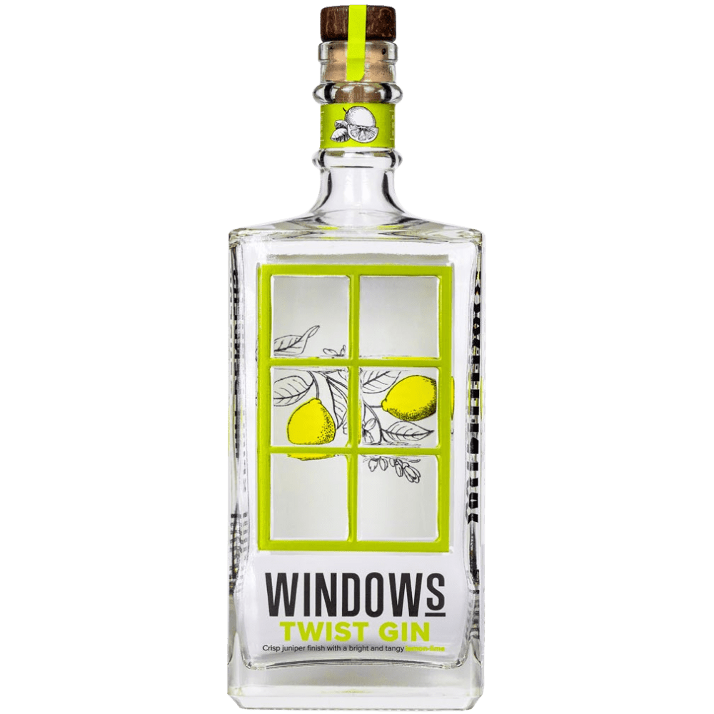 Windows Distillery Twist Gin 750mL clear glass bottle with a lime-green window design, illustrated lemons, and a natural cork stopper.