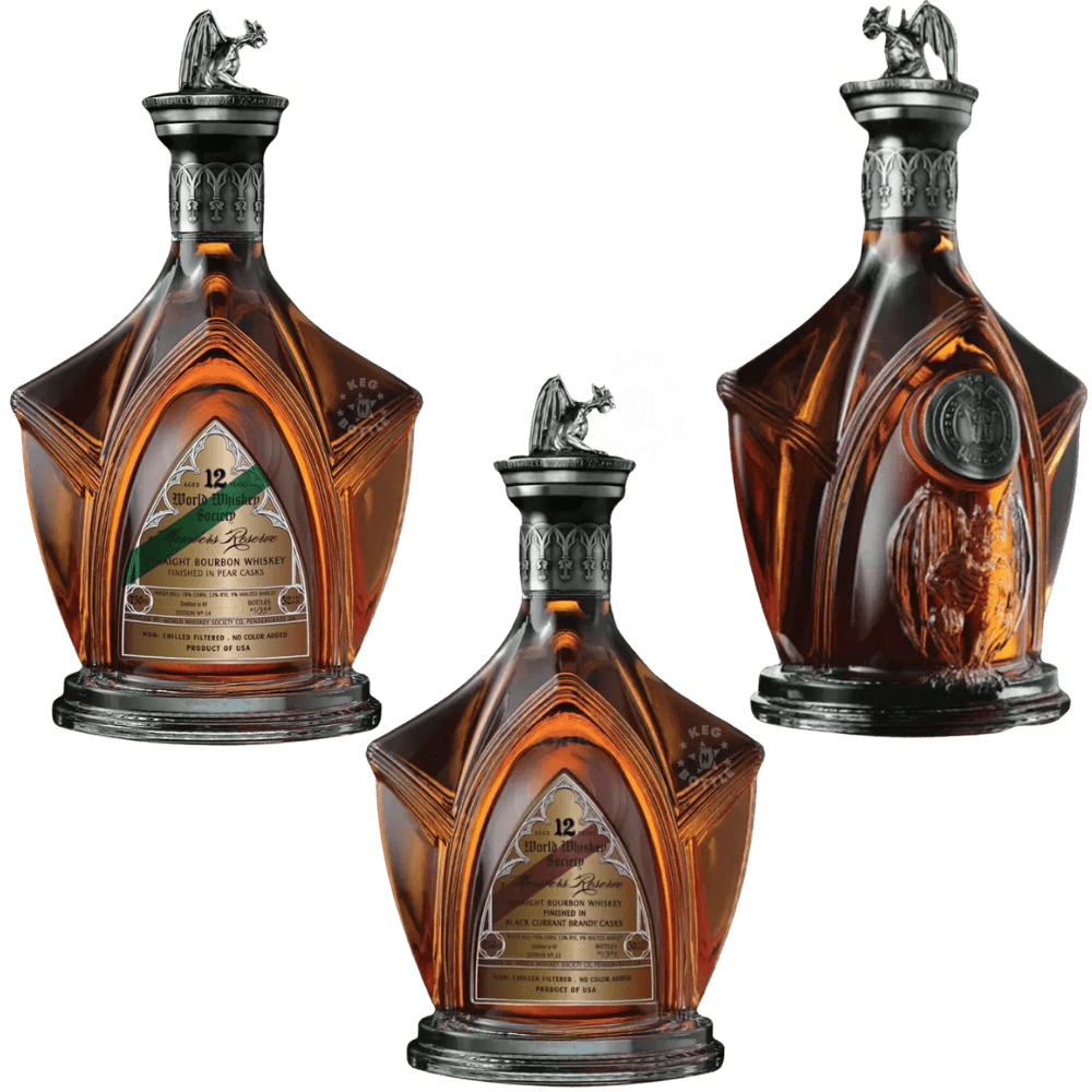 World Whiskey Society 12 year bourbon whiskey bottles with sherry, black currant, and pear cask finishes in collectible decanters
