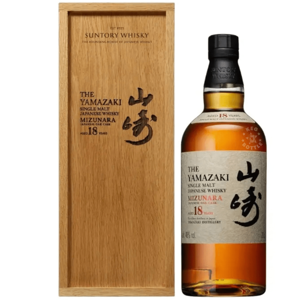 Yamazaki 18 Year Old Mizunara Japanese Oak Cask 2025 Edition 700mL bottle with wooden presentation box.