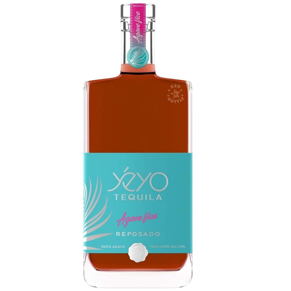 Yeyo Tequila Agave Vice Reposado 750mL bottle with turquoise label and golden tequila inside