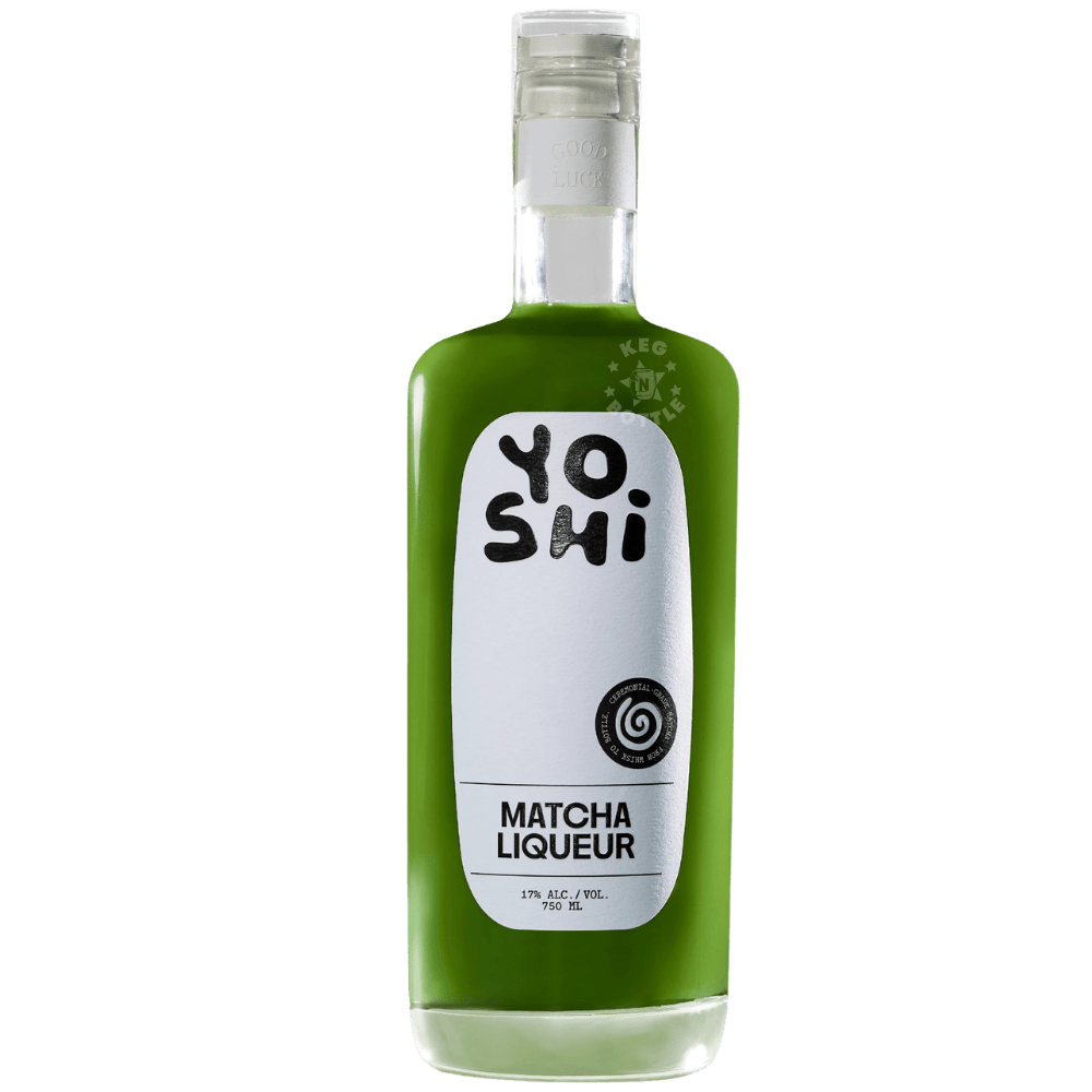 Bottle of Yoshi Matcha Liqueur made with ceremonial-grade Japanese matcha and oat milk in green bottle packaging