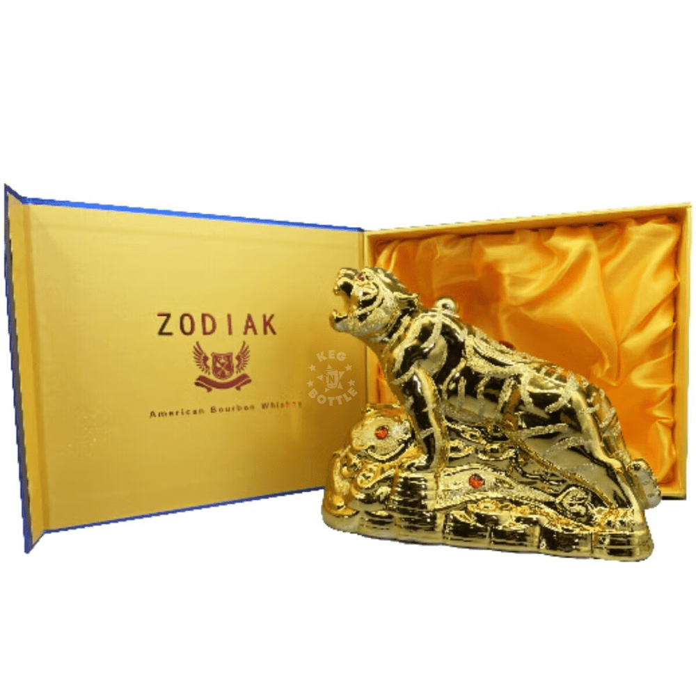 Zodiak Tiger Bourbon Whiskey 1.75L presented in a premium orange gift box with an elaborate gold tiger-themed collectible design. with box