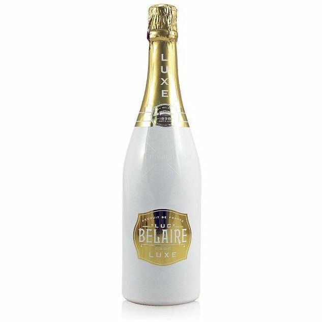 Luc Belaire Rare Luxe 750mL white and gold bottle of French sparkling wine.